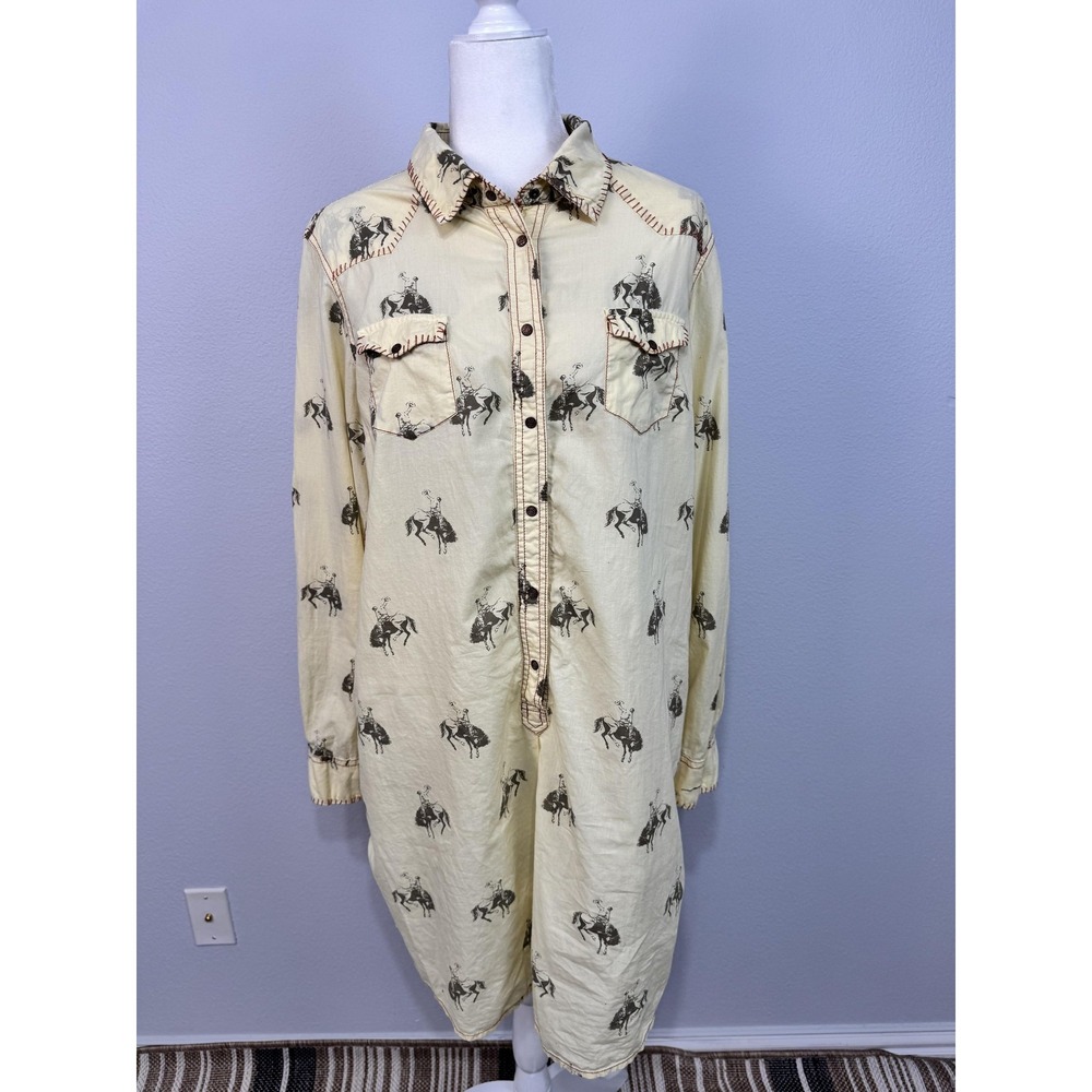Ryan Michael Shirt Dress Women's XL Yellow Cowboy Horse Print Western Cotton